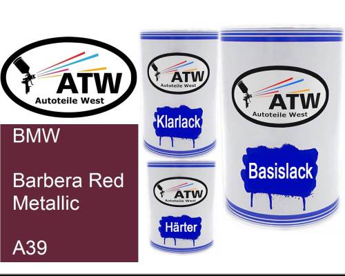 BMW, Barbera Red Metallic, A39: 500ml Lackdose + 500ml Klarlack + 250ml Härter - Set, von ATW Autoteile West.